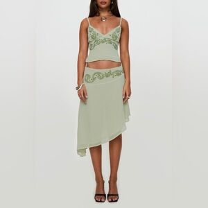 Princess Polly Pappilion Embroidered Sage Asymmetrical Skirt
